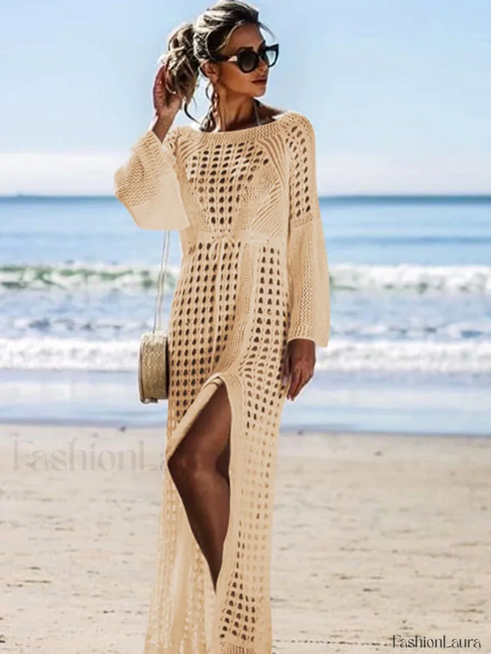 Solid Hollow Lace Up Slit Cut Cover Up
