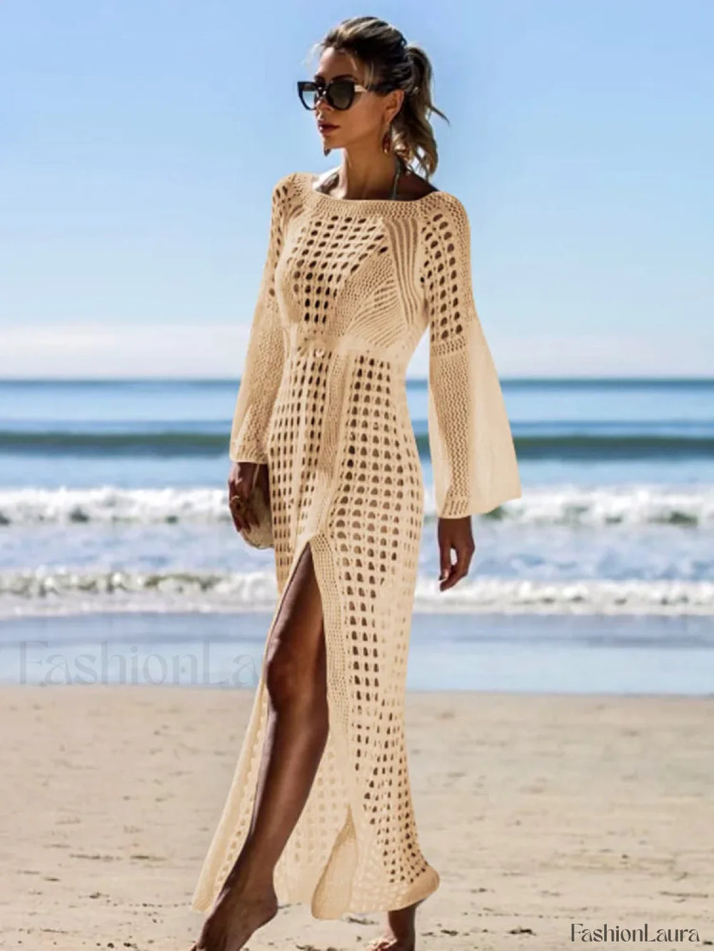 Solid Hollow Lace Up Slit Cut Cover Up Apricot / One Size
