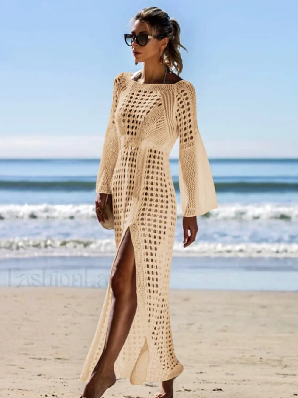 Solid Hollow Lace Up Slit Cut Cover Up Apricot / One Size