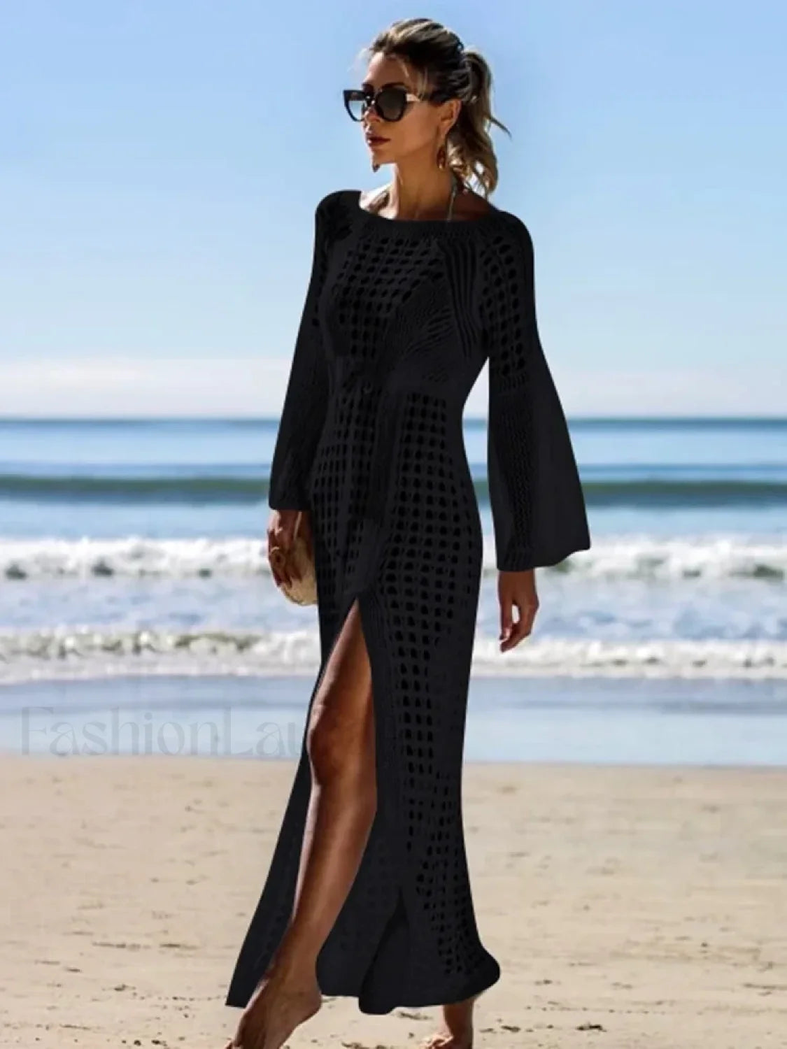 Solid Hollow Lace Up Slit Cut Cover Up Black / One Size