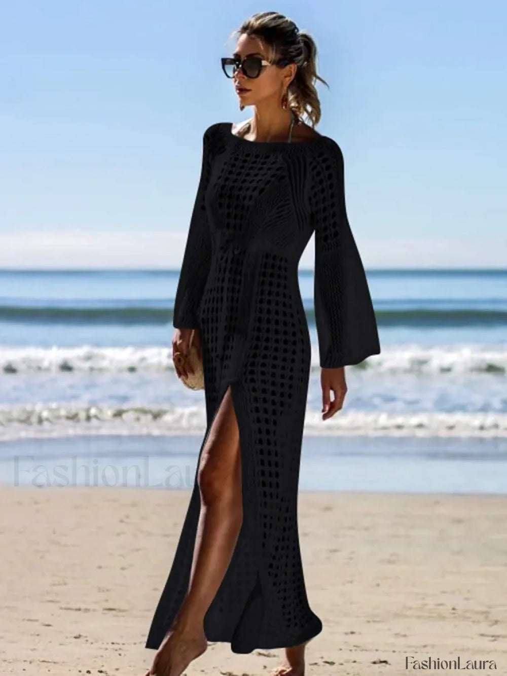 Solid Hollow Lace Up Slit Cut Cover Up Black / One Size