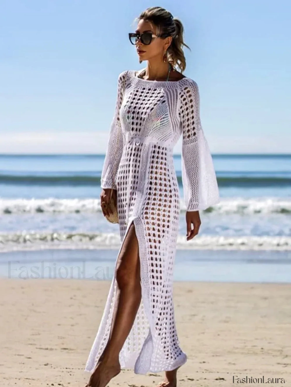 Solid Hollow Lace Up Slit Cut Cover Up White / One Size
