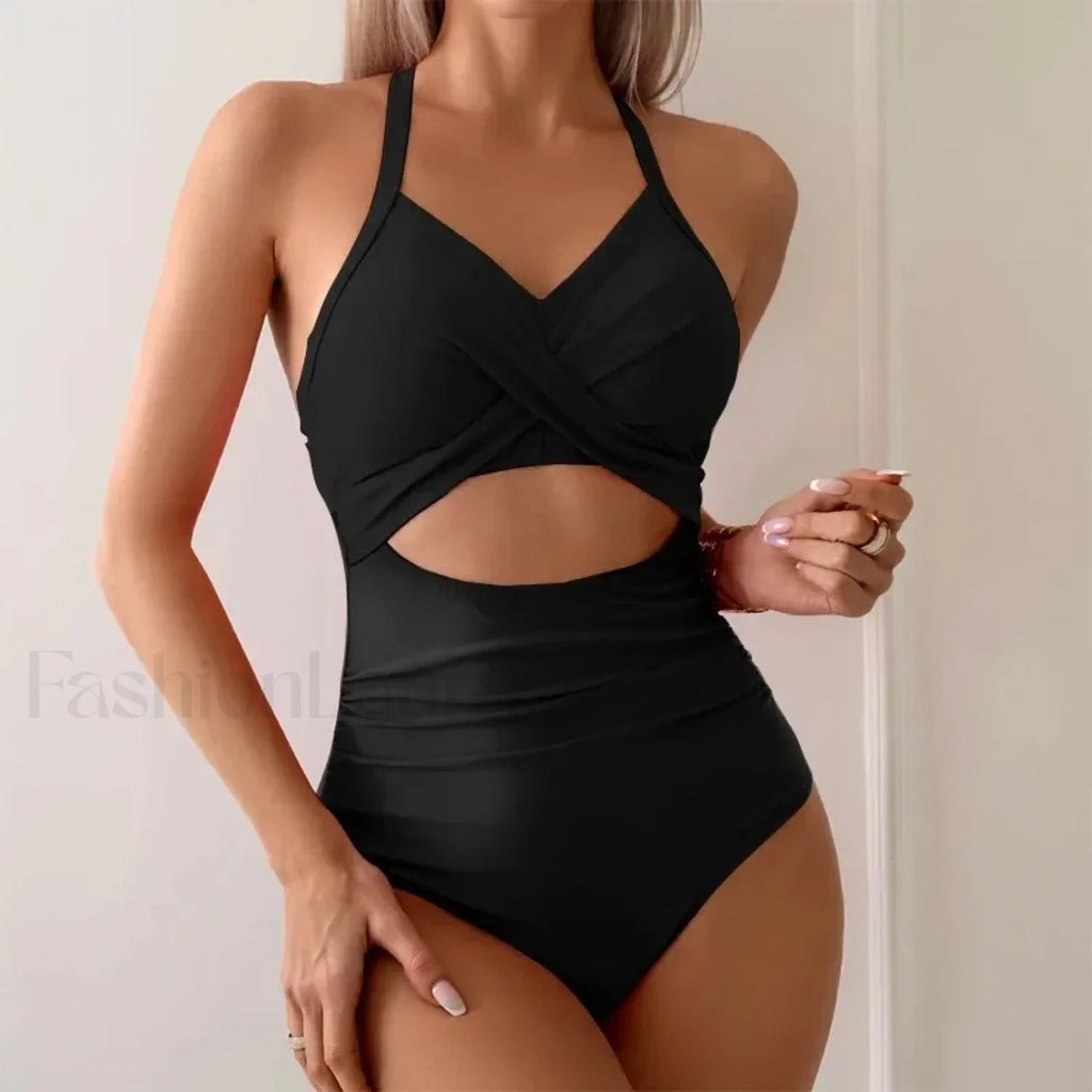 Solid Hollow Out Lace Up One Piece Black / S