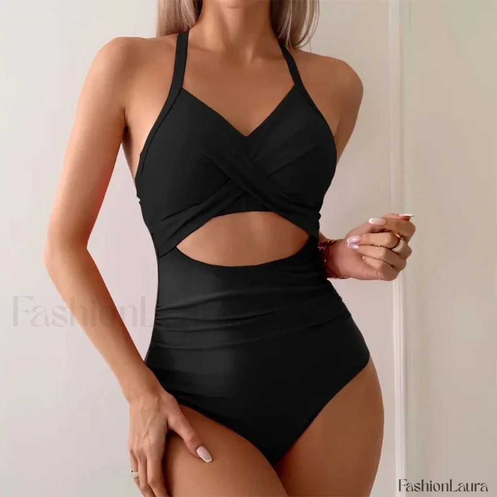 Solid Hollow Out Lace Up One Piece Black / S