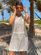 Solid Knitted Cut Out V neck Button Up Cover Up