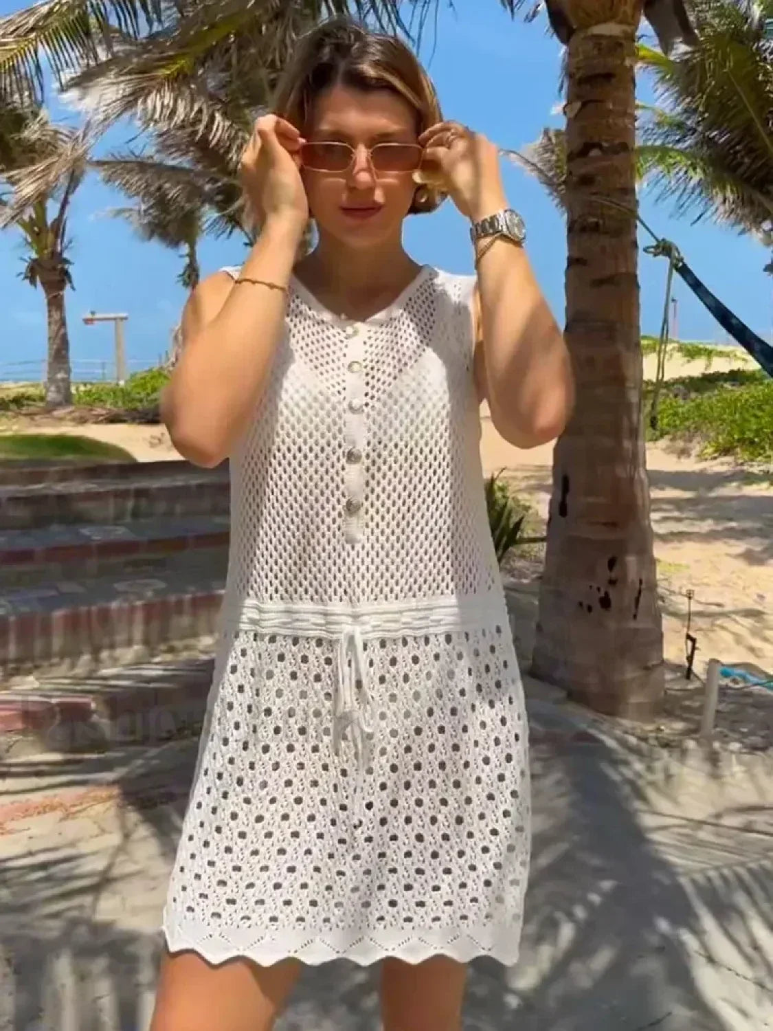 Solid Knitted Cut Out V neck Button Up Cover Up