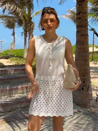Solid Knitted Cut Out V neck Button Up Cover Up WHITE / S