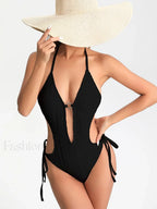 Solid Lace Up Hollow Out One Piece Black / S
