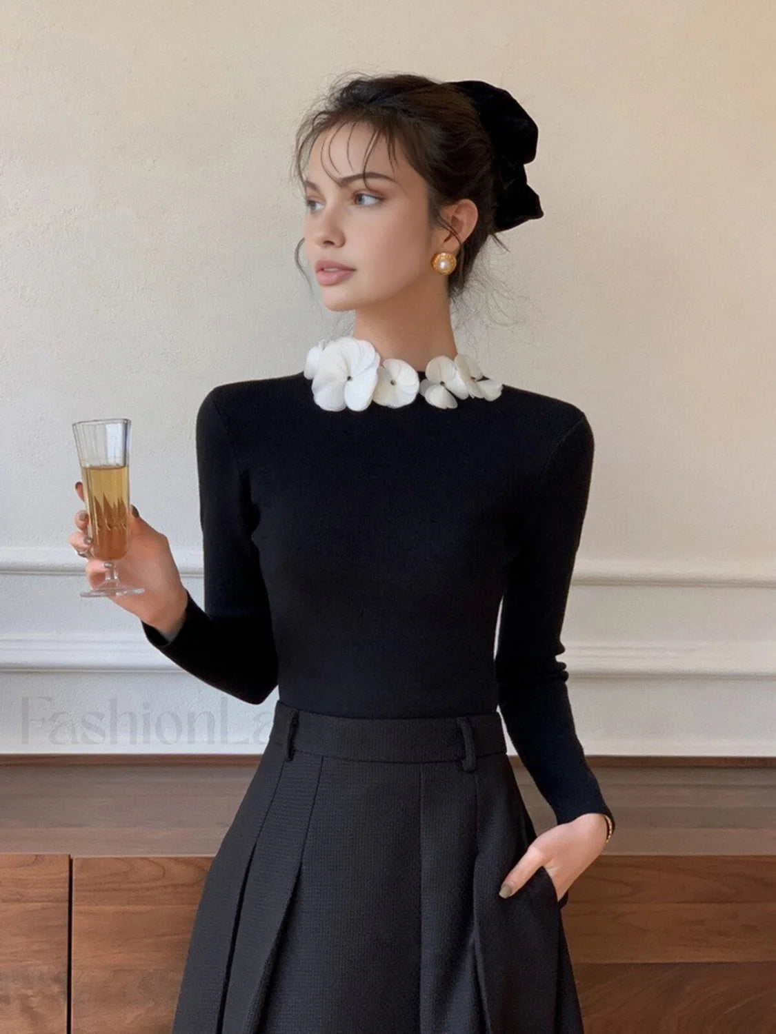 Solid Long Sleeve Floral Knit Top Black / XS Knit Tops Main image