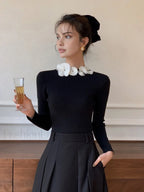 Solid Long Sleeve Floral Knit Top Black / XS Knit Tops