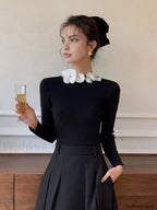 Solid Long Sleeve Floral Knit Top Black / XS Knit Tops