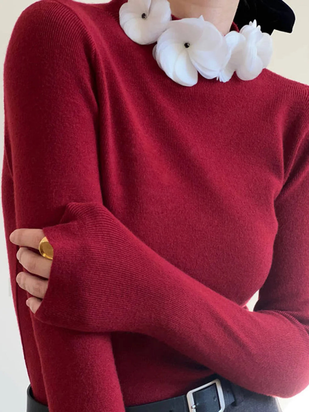 Solid Long Sleeve Floral Knit Top Knit Tops