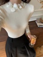 Solid Long Sleeve Floral Knit Top Knit Tops