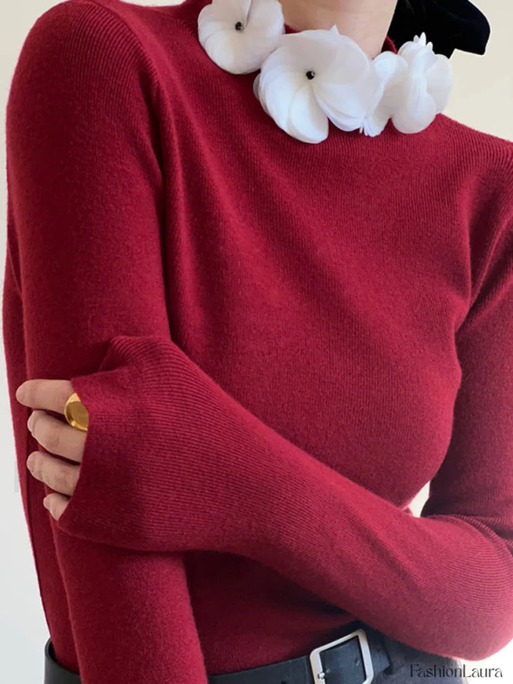 Solid Long Sleeve Floral Knit Top Knit Tops