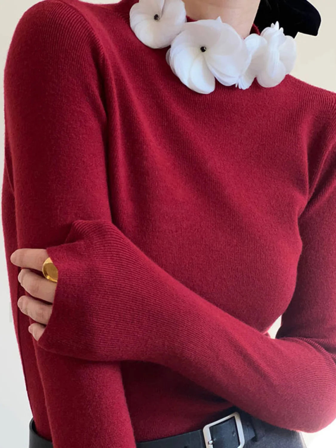 Solid Long Sleeve Floral Knit Top Knit Tops