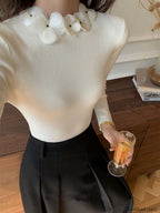 Solid Long Sleeve Floral Knit Top Knit Tops