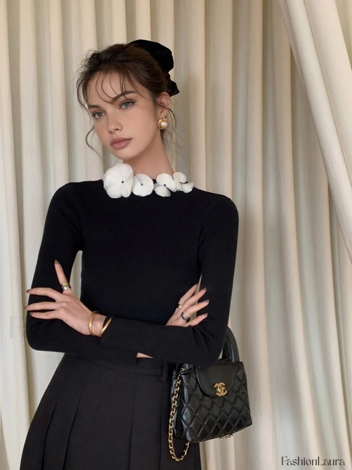 Solid Long Sleeve Floral Knit Top Knit Tops