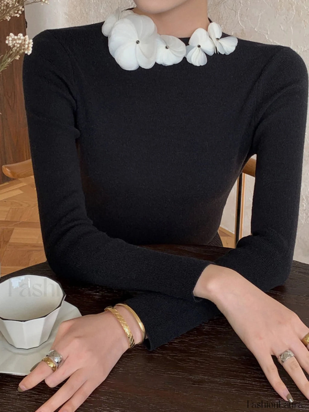 Solid Long Sleeve Floral Knit Top Knit Tops