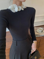 Solid Long Sleeve Floral Knit Top Knit Tops