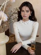 Solid Long Sleeve Floral Knit Top White / XS Knit Tops
