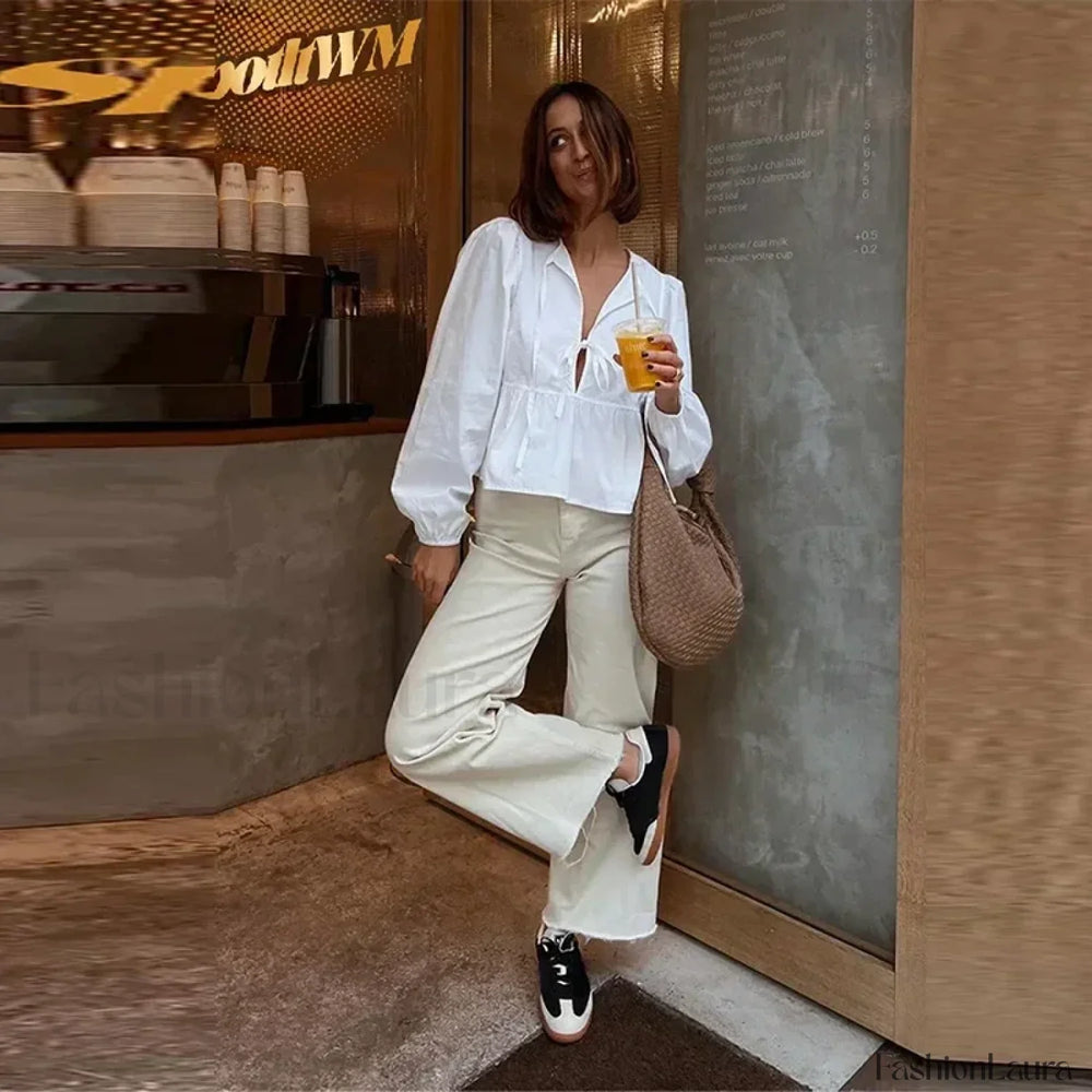 Solid Long White Office Top Blouse WHITE / XS