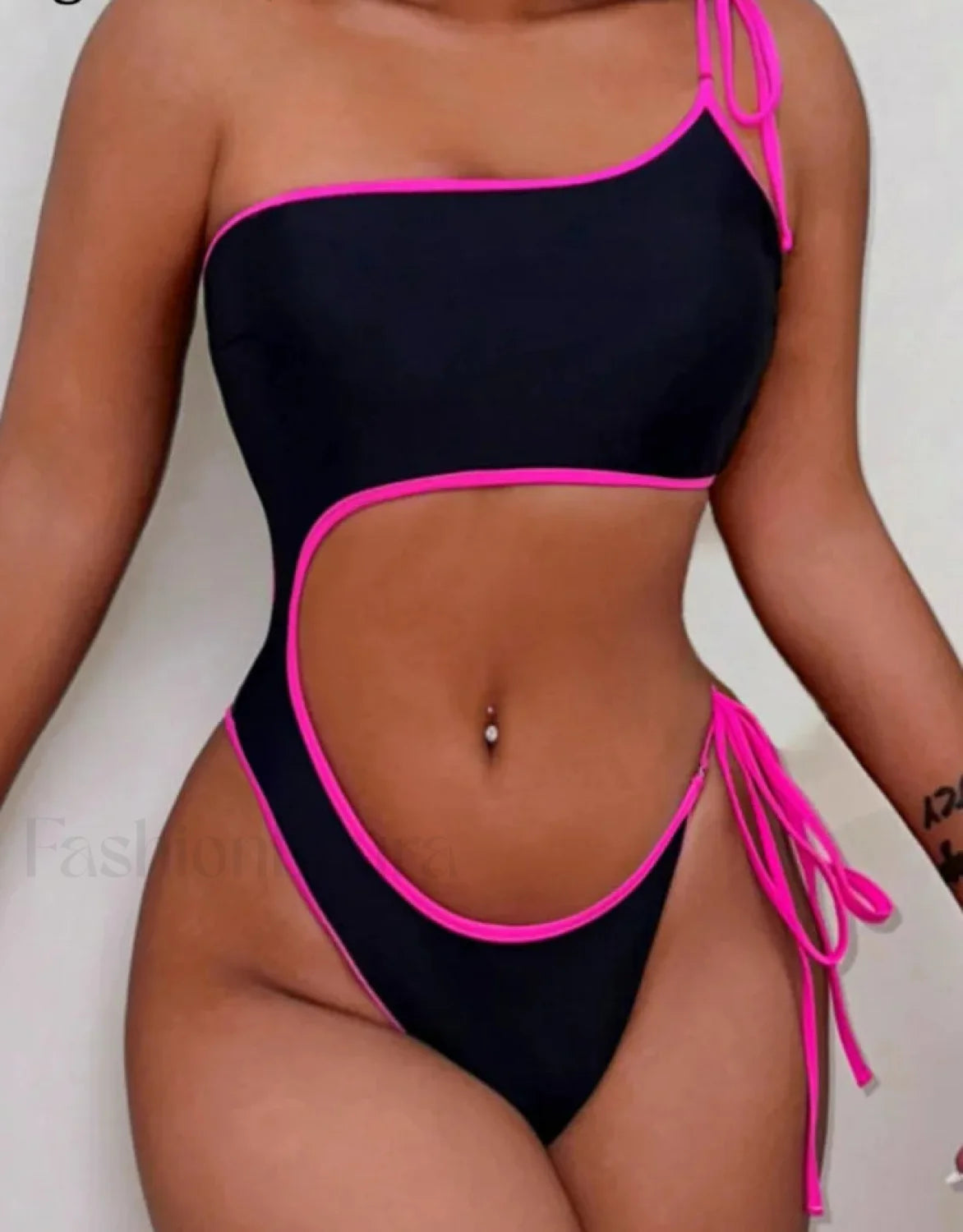 Solid One Shoulder Hollow Backless One Piece Black / S Main image