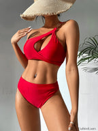 Solid One Shoulder Hollow Push Up Bikini Set Red / S