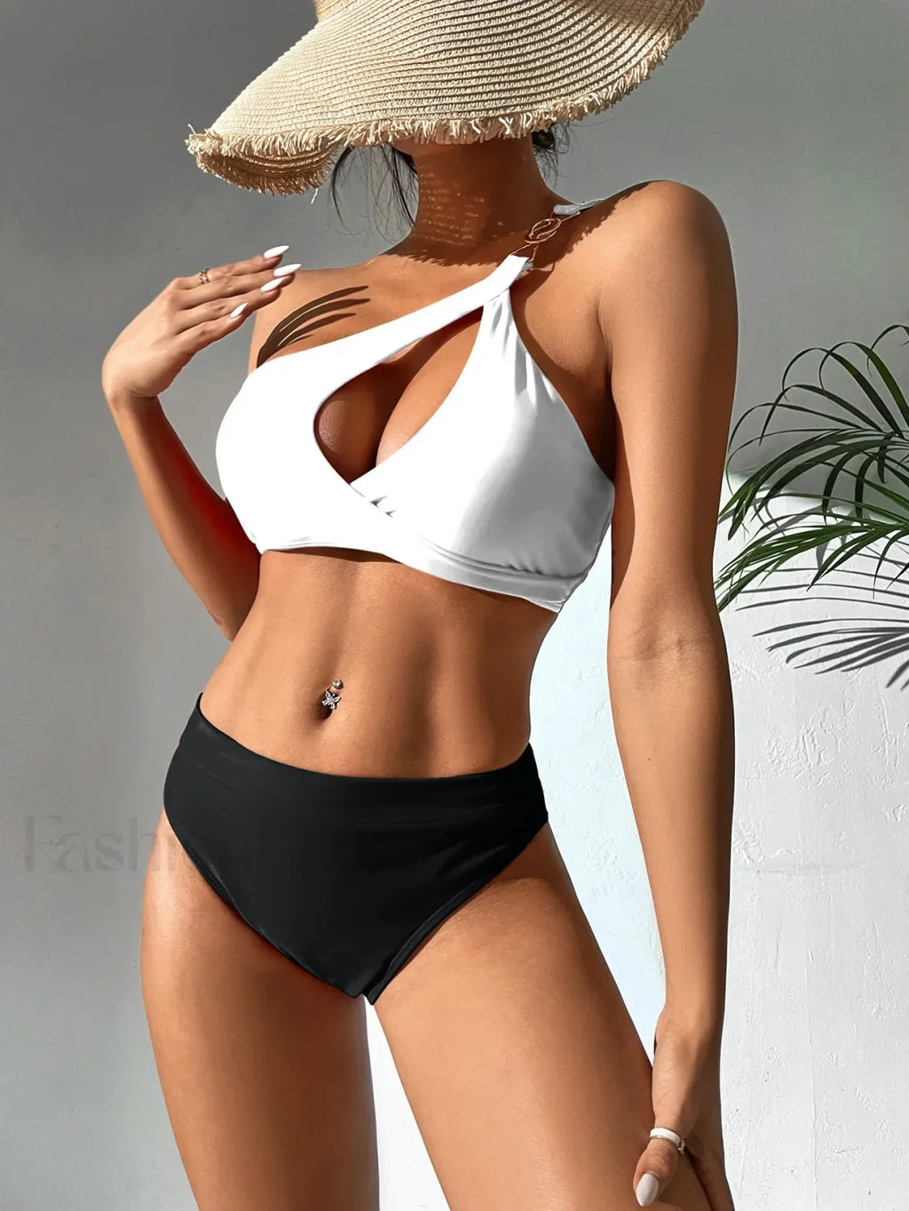 Solid One Shoulder Hollow Push Up Bikini Set White Black / S