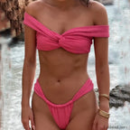 Solid One Word Collar Thong Bikini Set