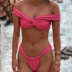 Solid One Word Collar Thong Bikini Set