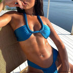 Solid Pleated Backless Bikini Set Blue / S