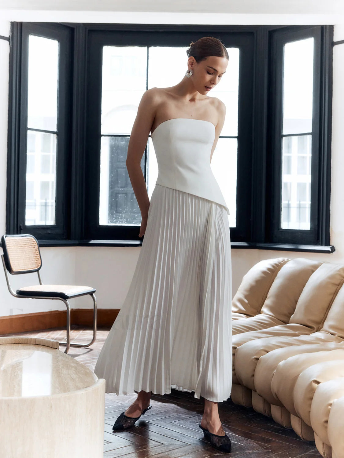 Solid Pleated Strapless Split Dress Dresses