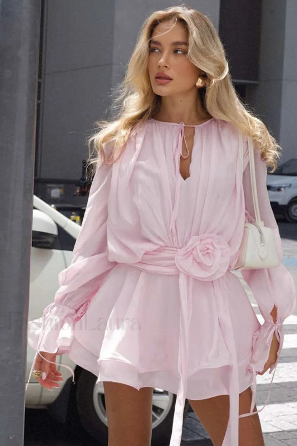 Solid Round Neck Tie Floral Bell Sleeve Bodycon Mini Dress Secondary image