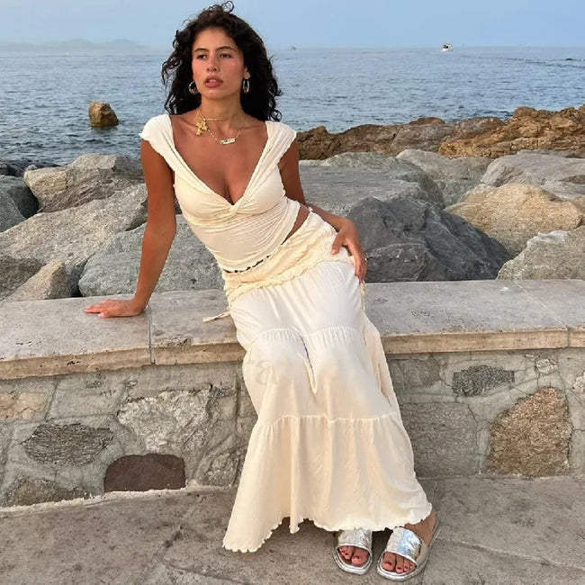 Solid Ruffle Maxi Skirt Knit Two Piece Set white Skirts / S Main image