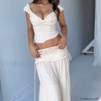 Solid Ruffle Maxi Skirt Knit Two Piece Set white Tops / S