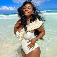 Solid Ruffle Yellow One Piece white / S
