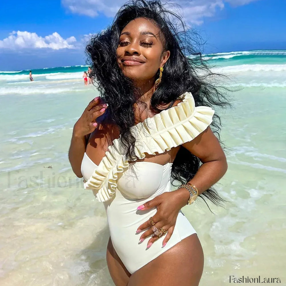 Solid Ruffle Yellow One Piece white / S