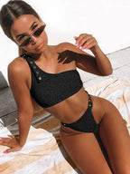 Solid Single Shoulder Bikini Set Black Bikini / S