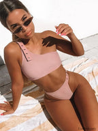 Solid Single Shoulder Bikini Set Pink Bikini / S