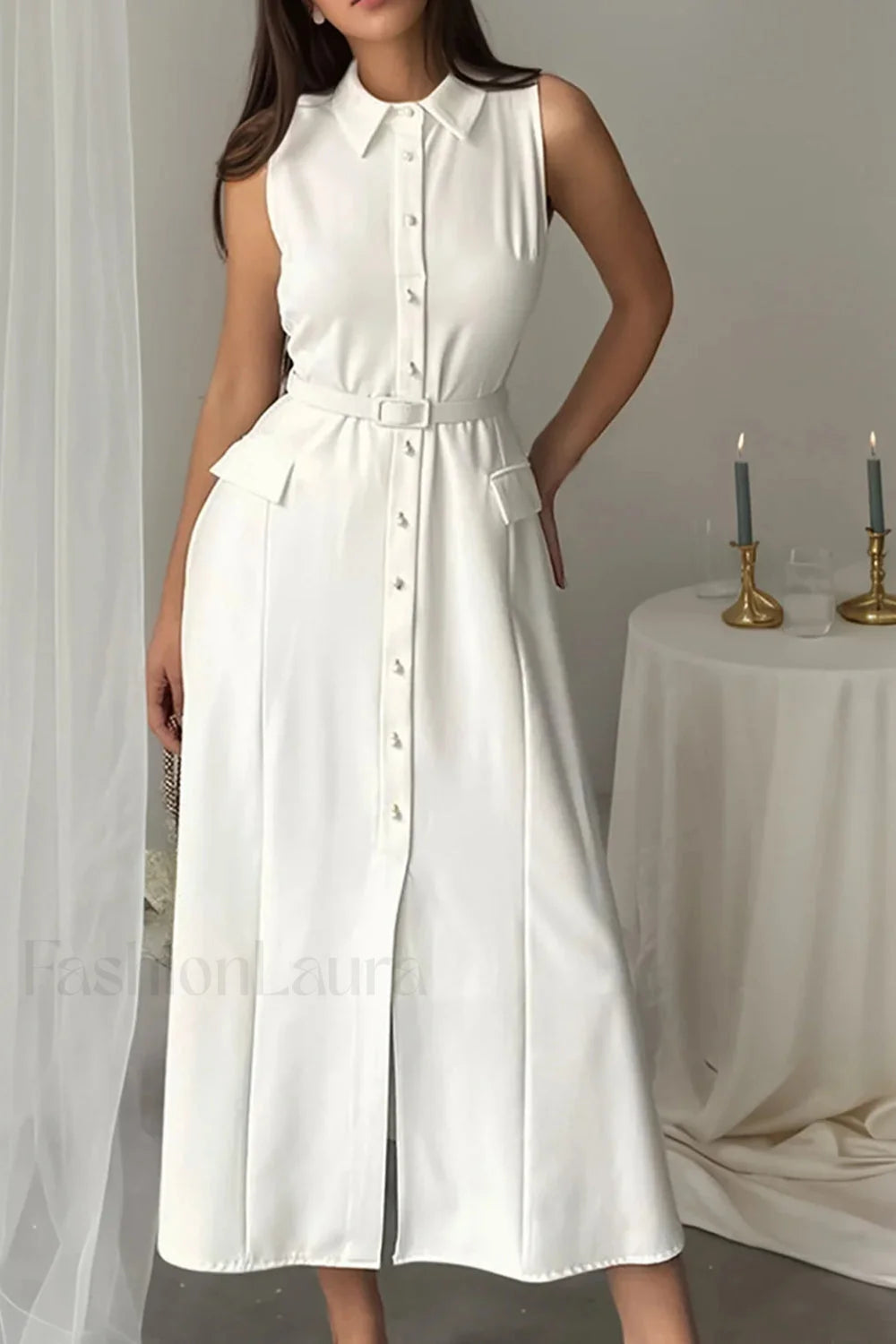 Solid Sleeveless Pearl Buckle Slim Split Maxi Dress Secondary image