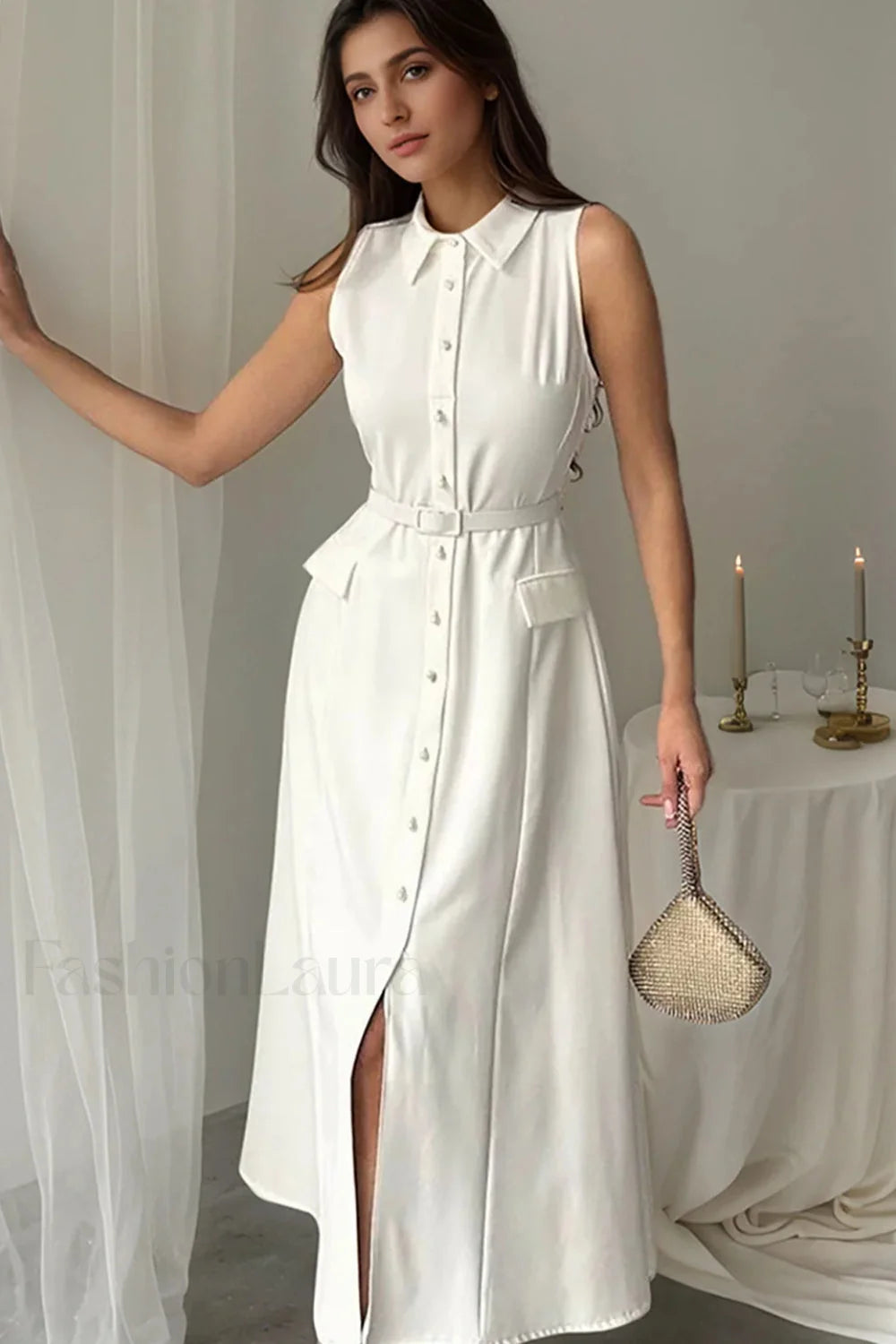 Solid Sleeveless Pearl Buckle Slim Split Maxi Dress White / S Main image