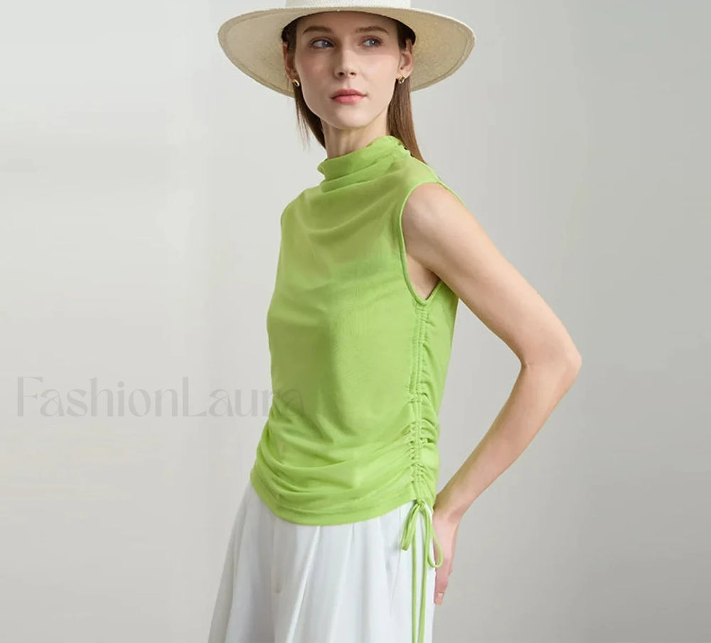 Solid Sleeveless Turtleneck Slim T Shirt Light Green / S