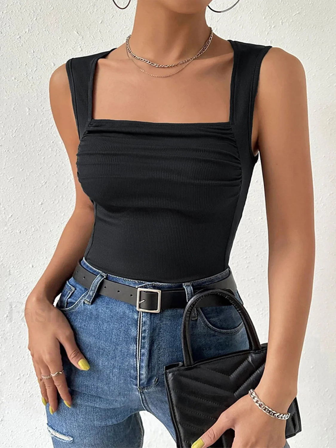 Solid Square Neck Strappy Top Black / XS Tank Tops & Camis Main image