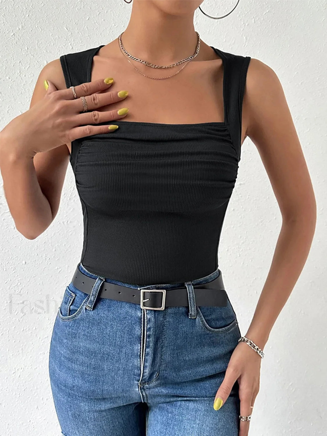 Solid Square Neck Strappy Top Tank Tops & Camis