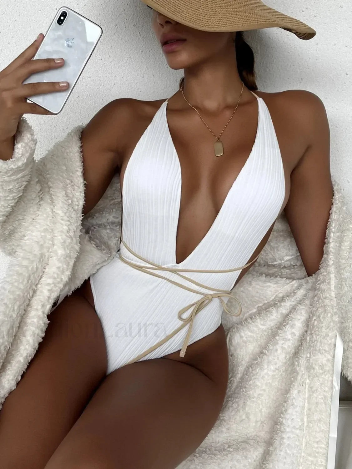 Solid Strapped High Waist Hollow One Piece Secondary image