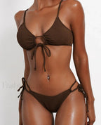 Solid Strapped Hollow Tied High Cut Bikini Set