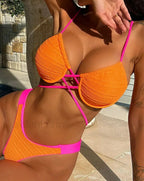 Solid Strapped Push Up Bikini Set Orange / S
