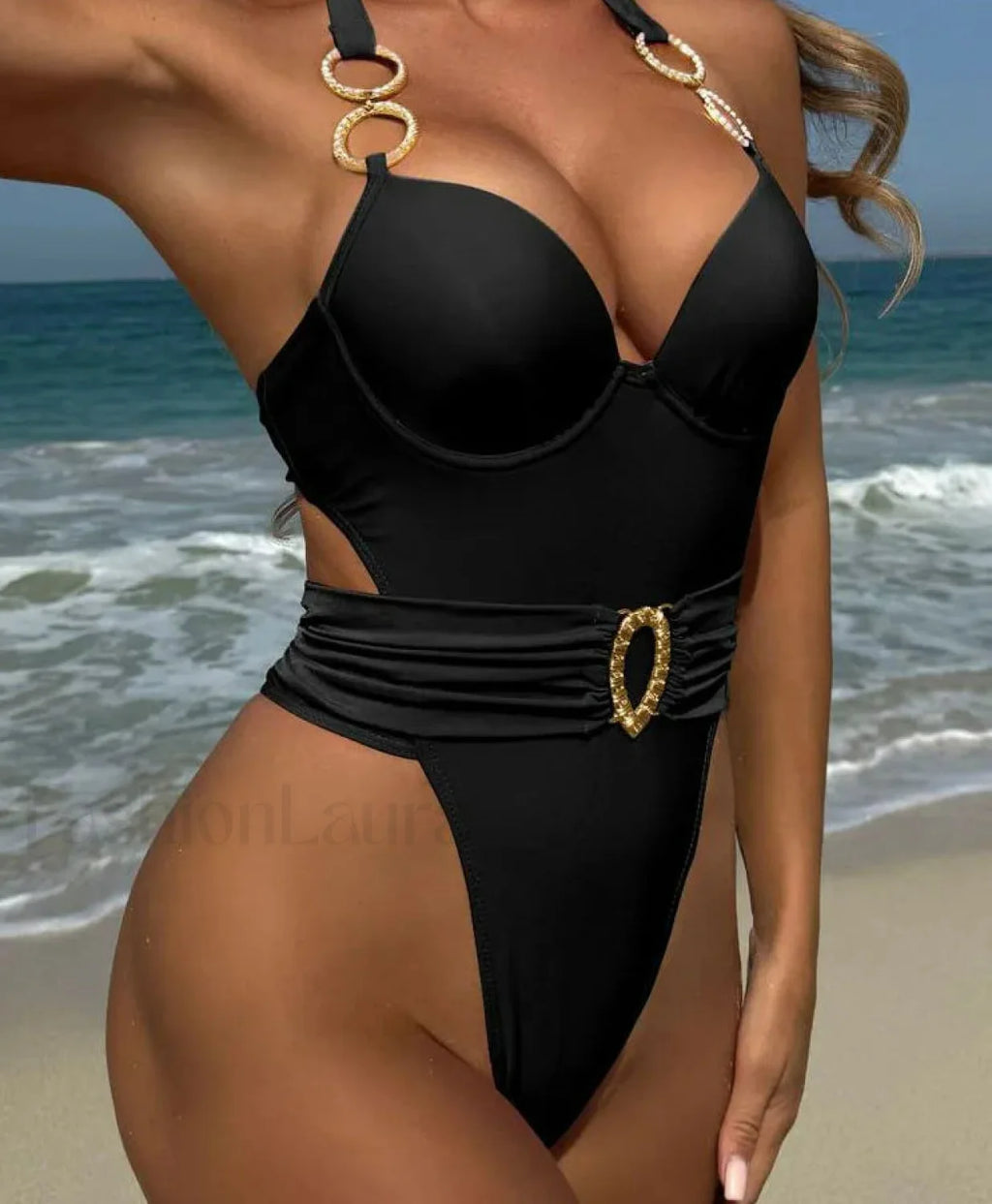 Solid Tied Halter Push Up One Piece Black / S
