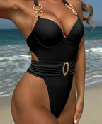 Solid Tied Halter Push Up One Piece Black / S