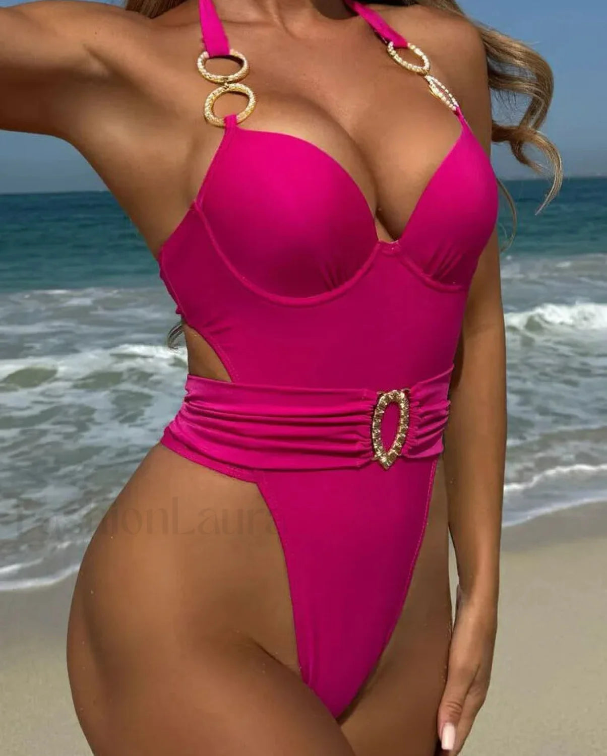 Solid Tied Halter Push Up One Piece Pink / S Main image